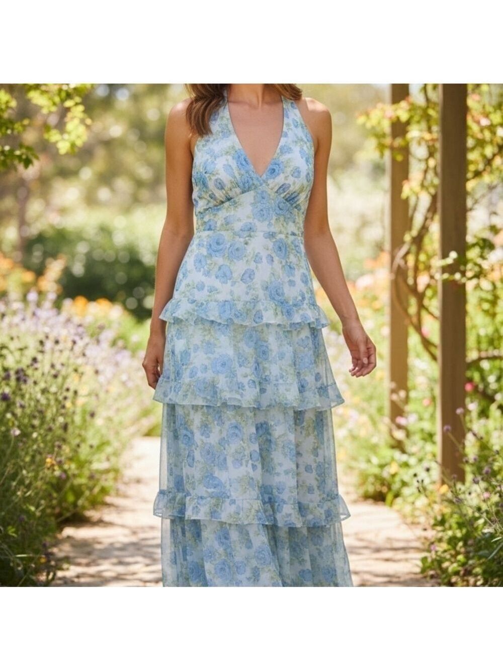 Kann Moda New Collection Blue Floral Tiered Maxi Dress Spring  Dress Size 2